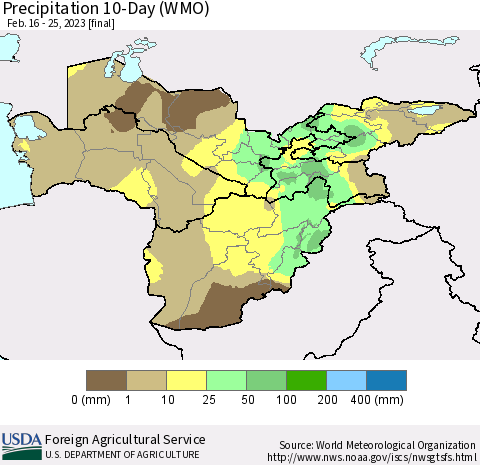 Central Asia Precipitation 10-Day (WMO) Thematic Map For 2/16/2023 - 2/25/2023