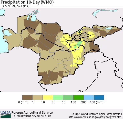 Central Asia Precipitation 10-Day (WMO) Thematic Map For 2/21/2023 - 2/28/2023