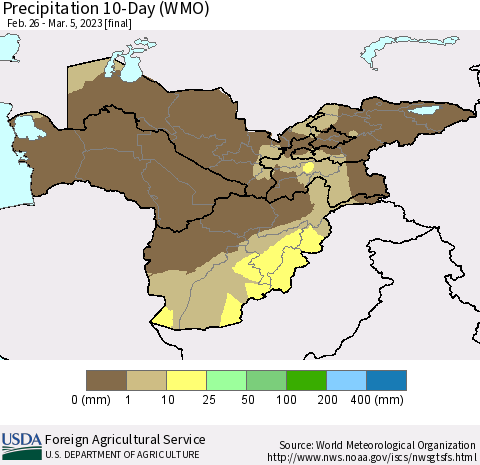 Central Asia Precipitation 10-Day (WMO) Thematic Map For 2/26/2023 - 3/5/2023
