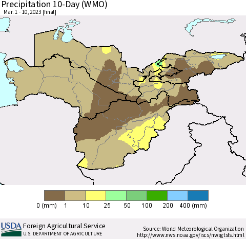 Central Asia Precipitation 10-Day (WMO) Thematic Map For 3/1/2023 - 3/10/2023