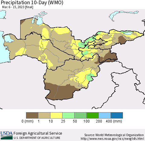 Central Asia Precipitation 10-Day (WMO) Thematic Map For 3/6/2023 - 3/15/2023