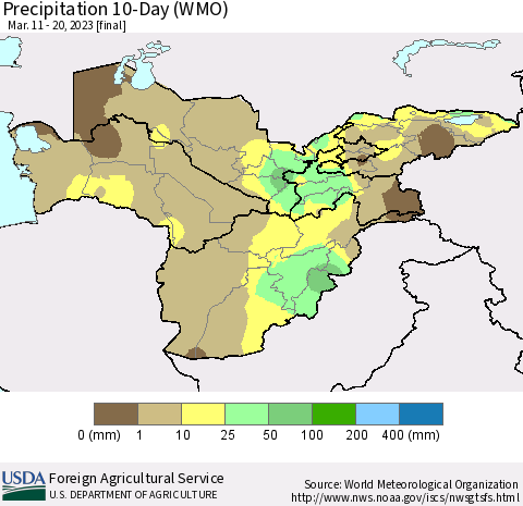 Central Asia Precipitation 10-Day (WMO) Thematic Map For 3/11/2023 - 3/20/2023