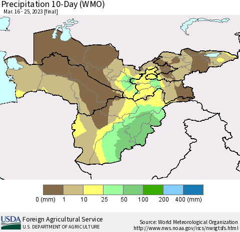 Central Asia Precipitation 10-Day (WMO) Thematic Map For 3/16/2023 - 3/25/2023