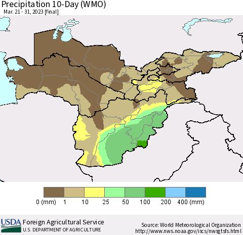 Central Asia Precipitation 10-Day (WMO) Thematic Map For 3/21/2023 - 3/31/2023