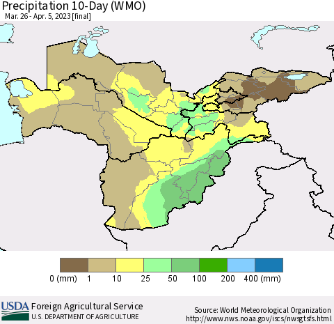 Central Asia Precipitation 10-Day (WMO) Thematic Map For 3/26/2023 - 4/5/2023