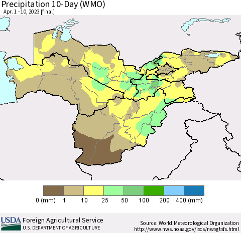 Central Asia Precipitation 10-Day (WMO) Thematic Map For 4/1/2023 - 4/10/2023