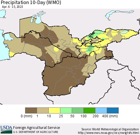 Central Asia Precipitation 10-Day (WMO) Thematic Map For 4/6/2023 - 4/15/2023