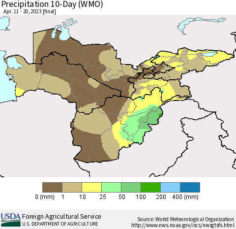 Central Asia Precipitation 10-Day (WMO) Thematic Map For 4/11/2023 - 4/20/2023