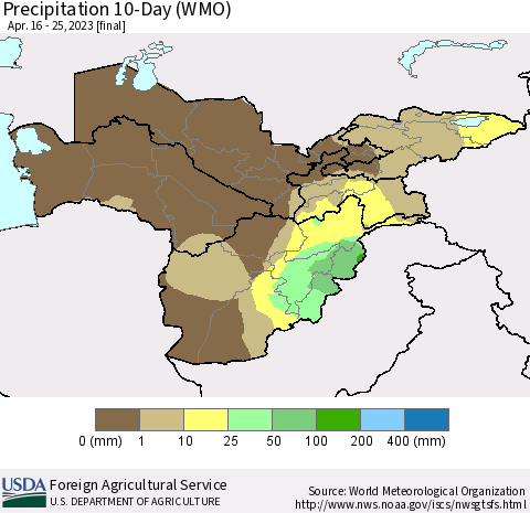 Central Asia Precipitation 10-Day (WMO) Thematic Map For 4/16/2023 - 4/25/2023