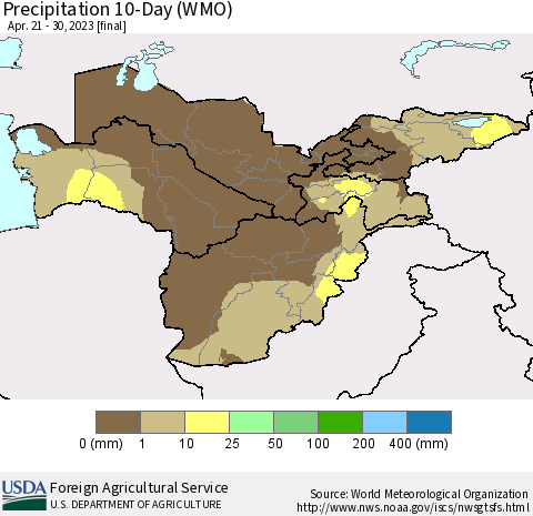 Central Asia Precipitation 10-Day (WMO) Thematic Map For 4/21/2023 - 4/30/2023