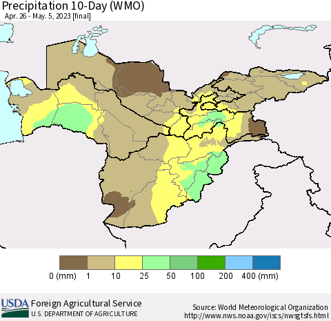 Central Asia Precipitation 10-Day (WMO) Thematic Map For 4/26/2023 - 5/5/2023
