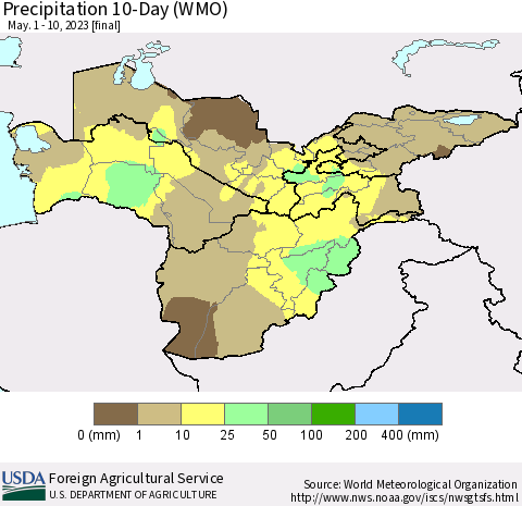 Central Asia Precipitation 10-Day (WMO) Thematic Map For 5/1/2023 - 5/10/2023