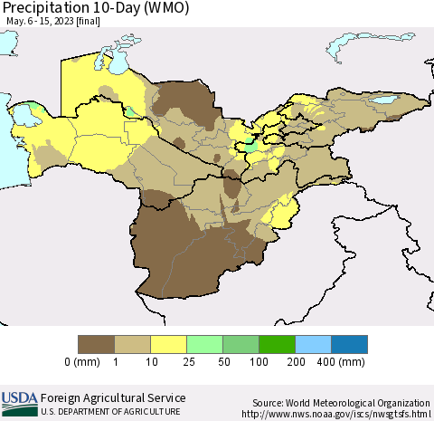 Central Asia Precipitation 10-Day (WMO) Thematic Map For 5/6/2023 - 5/15/2023