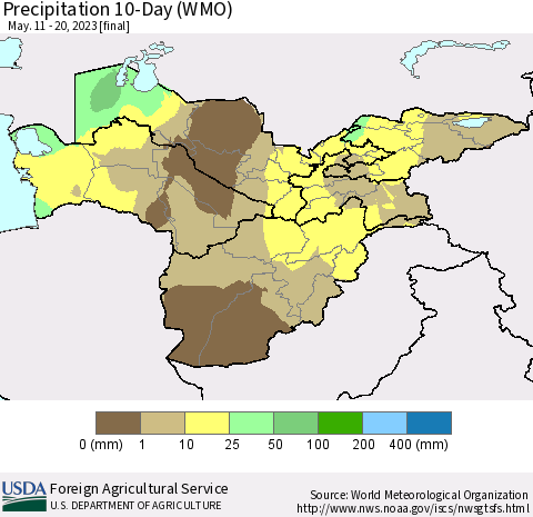 Central Asia Precipitation 10-Day (WMO) Thematic Map For 5/11/2023 - 5/20/2023