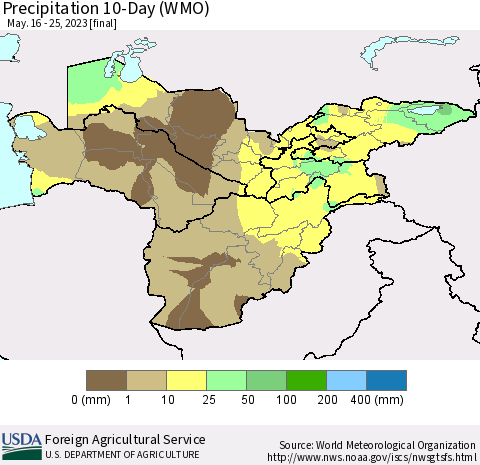 Central Asia Precipitation 10-Day (WMO) Thematic Map For 5/16/2023 - 5/25/2023