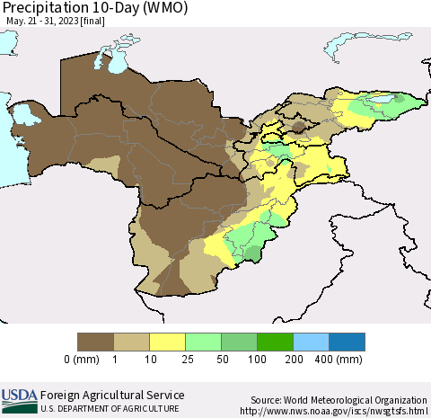 Central Asia Precipitation 10-Day (WMO) Thematic Map For 5/21/2023 - 5/31/2023