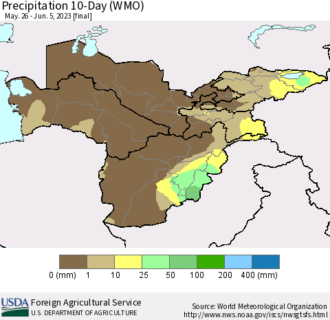 Central Asia Precipitation 10-Day (WMO) Thematic Map For 5/26/2023 - 6/5/2023