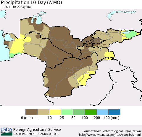 Central Asia Precipitation 10-Day (WMO) Thematic Map For 6/1/2023 - 6/10/2023