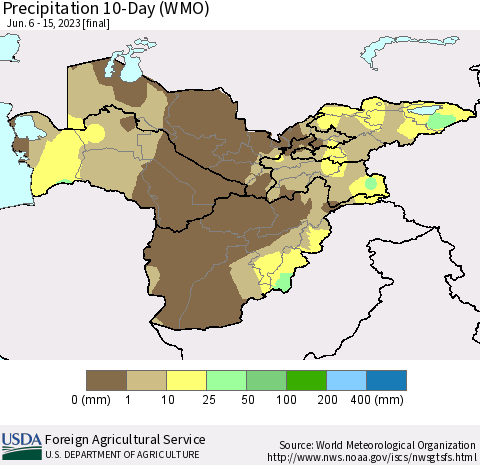 Central Asia Precipitation 10-Day (WMO) Thematic Map For 6/6/2023 - 6/15/2023