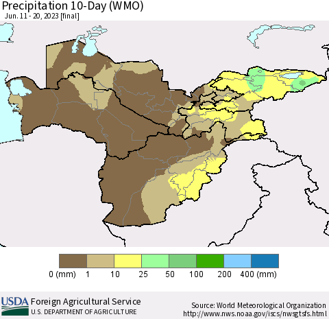 Central Asia Precipitation 10-Day (WMO) Thematic Map For 6/11/2023 - 6/20/2023