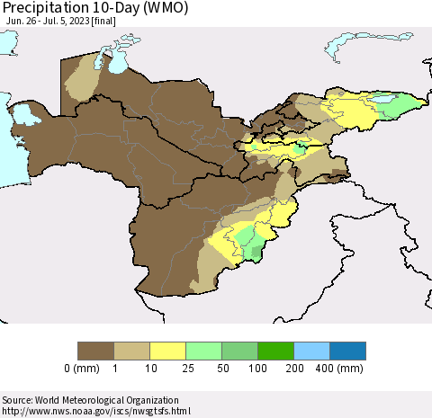 Central Asia Precipitation 10-Day (WMO) Thematic Map For 6/26/2023 - 7/5/2023