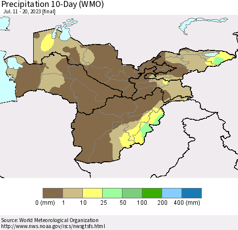 Central Asia Precipitation 10-Day (WMO) Thematic Map For 7/11/2023 - 7/20/2023