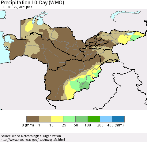Central Asia Precipitation 10-Day (WMO) Thematic Map For 7/16/2023 - 7/25/2023