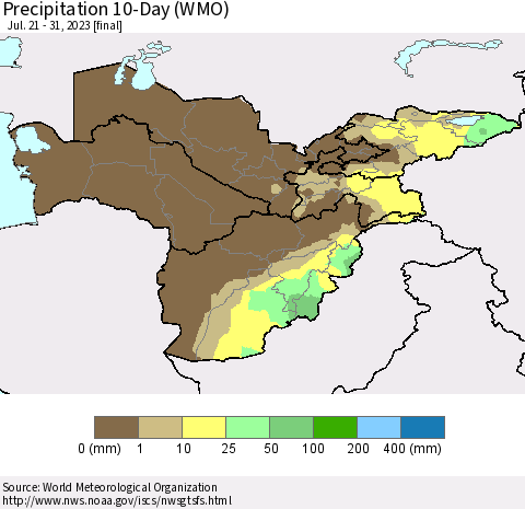 Central Asia Precipitation 10-Day (WMO) Thematic Map For 7/21/2023 - 7/31/2023