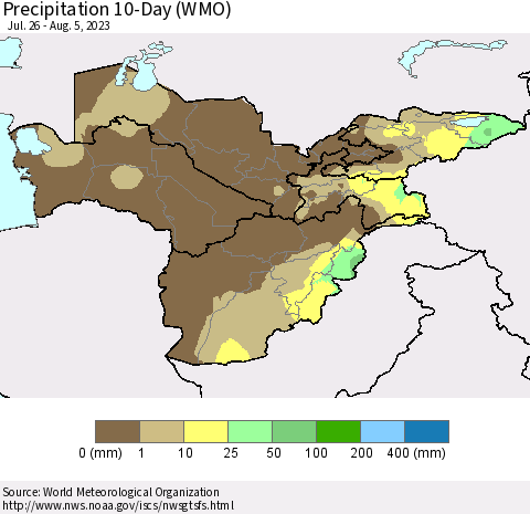 Central Asia Precipitation 10-Day (WMO) Thematic Map For 7/26/2023 - 8/5/2023