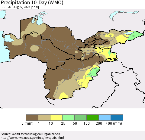 Central Asia Precipitation 10-Day (WMO) Thematic Map For 7/26/2023 - 8/5/2023