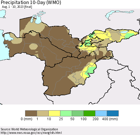 Central Asia Precipitation 10-Day (WMO) Thematic Map For 8/1/2023 - 8/10/2023