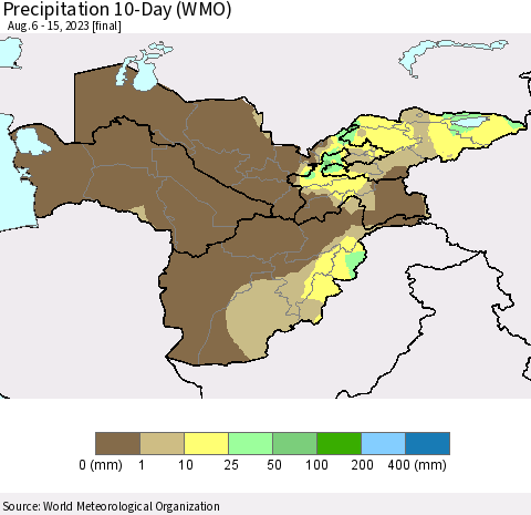 Central Asia Precipitation 10-Day (WMO) Thematic Map For 8/6/2023 - 8/15/2023