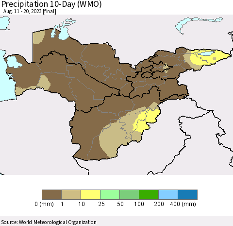 Central Asia Precipitation 10-Day (WMO) Thematic Map For 8/11/2023 - 8/20/2023