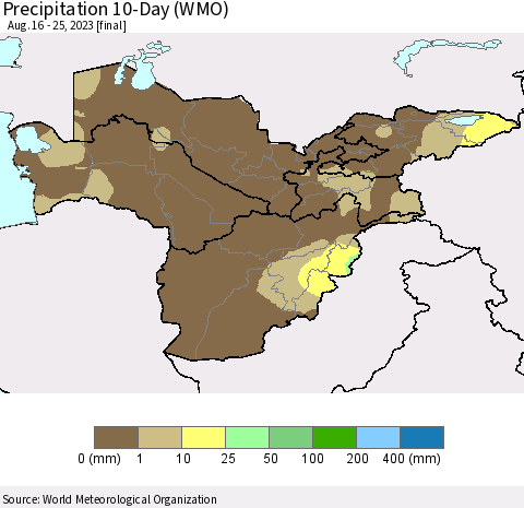 Central Asia Precipitation 10-Day (WMO) Thematic Map For 8/16/2023 - 8/25/2023