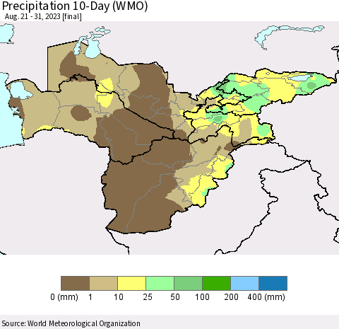 Central Asia Precipitation 10-Day (WMO) Thematic Map For 8/21/2023 - 8/31/2023