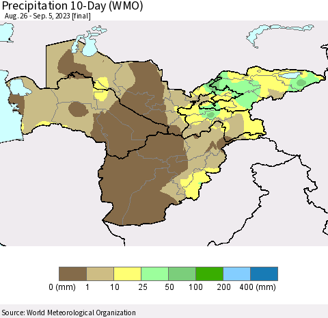 Central Asia Precipitation 10-Day (WMO) Thematic Map For 8/26/2023 - 9/5/2023