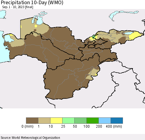 Central Asia Precipitation 10-Day (WMO) Thematic Map For 9/1/2023 - 9/10/2023
