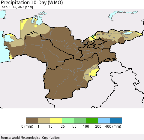 Central Asia Precipitation 10-Day (WMO) Thematic Map For 9/6/2023 - 9/15/2023