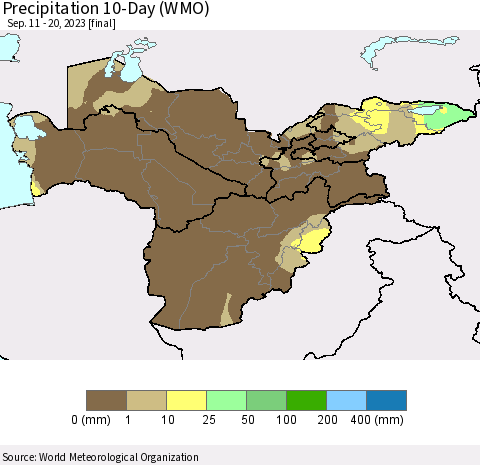 Central Asia Precipitation 10-Day (WMO) Thematic Map For 9/11/2023 - 9/20/2023