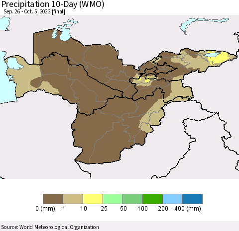 Central Asia Precipitation 10-Day (WMO) Thematic Map For 9/26/2023 - 10/5/2023