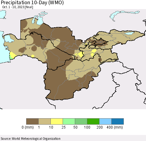 Central Asia Precipitation 10-Day (WMO) Thematic Map For 10/1/2023 - 10/10/2023