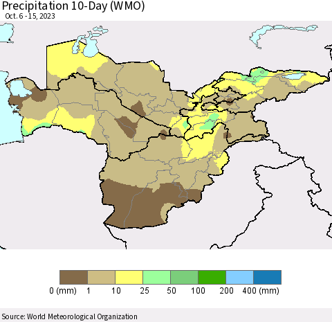 Central Asia Precipitation 10-Day (WMO) Thematic Map For 10/6/2023 - 10/15/2023
