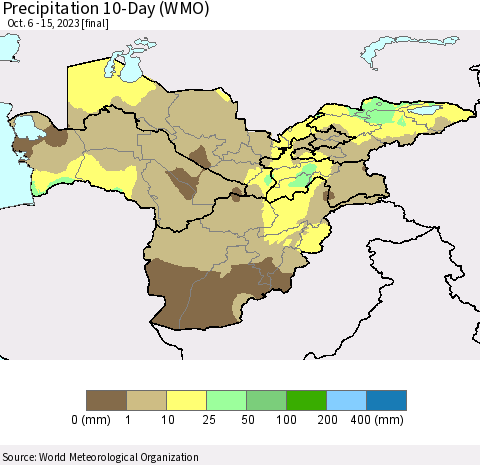 Central Asia Precipitation 10-Day (WMO) Thematic Map For 10/6/2023 - 10/15/2023