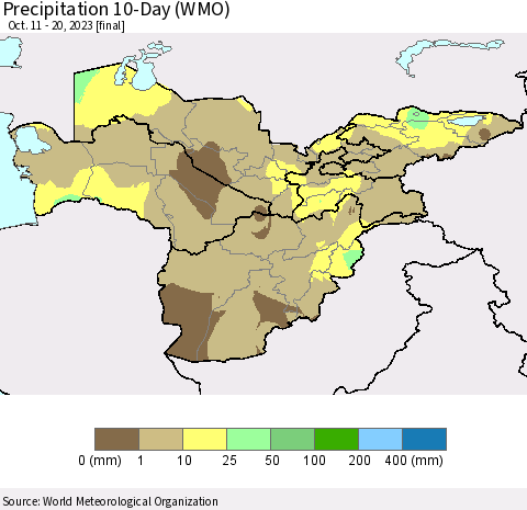 Central Asia Precipitation 10-Day (WMO) Thematic Map For 10/11/2023 - 10/20/2023