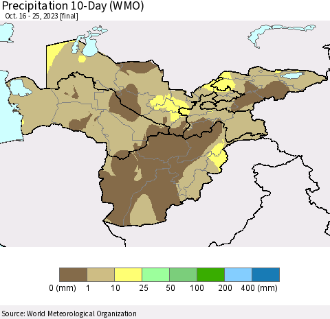 Central Asia Precipitation 10-Day (WMO) Thematic Map For 10/16/2023 - 10/25/2023