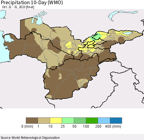 Central Asia Precipitation 10-Day (WMO) Thematic Map For 10/21/2023 - 10/31/2023