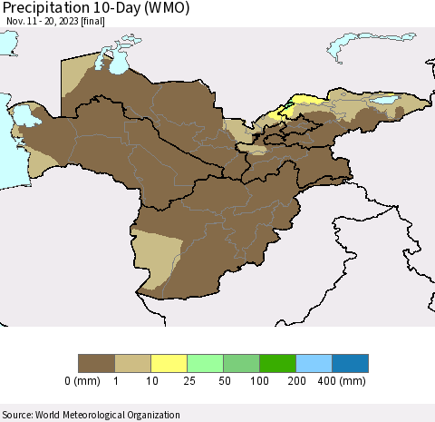 Central Asia Precipitation 10-Day (WMO) Thematic Map For 11/11/2023 - 11/20/2023