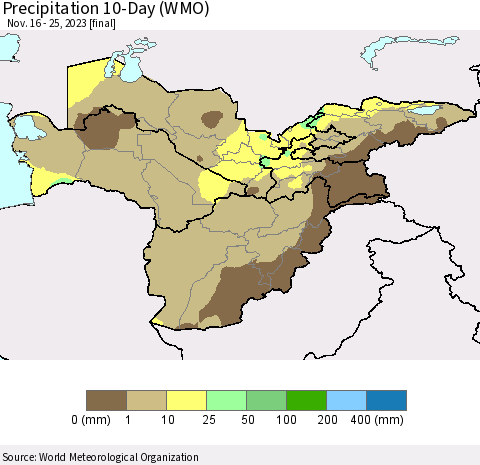 Central Asia Precipitation 10-Day (WMO) Thematic Map For 11/16/2023 - 11/25/2023