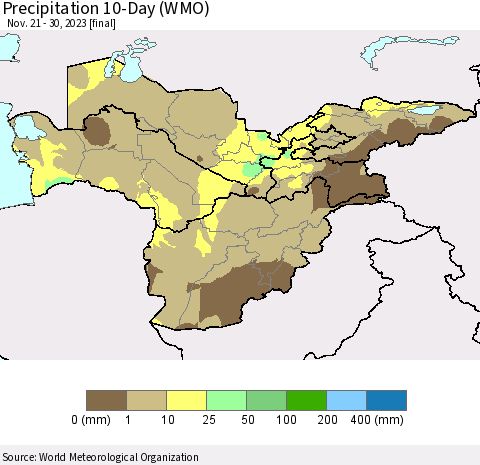 Central Asia Precipitation 10-Day (WMO) Thematic Map For 11/21/2023 - 11/30/2023