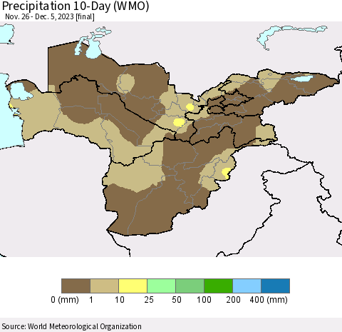 Central Asia Precipitation 10-Day (WMO) Thematic Map For 11/26/2023 - 12/5/2023